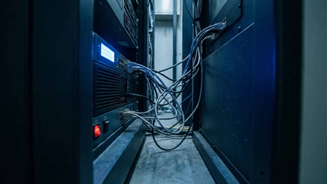 Serverovna: rack se servery a svazek síťových kabelů